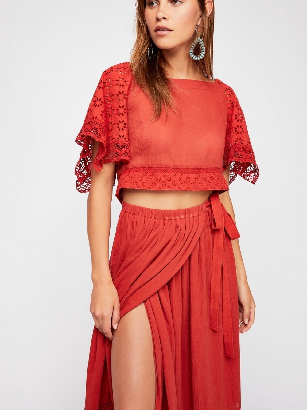Free People darling Rust Red Eyelet Crop Top & Wrap Maxi Skirt Set